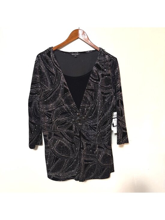 Notations Tops - NET Notations XL Black Velvet 3/4 sleeve empress top with built in tank silver